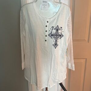 Reba NWT White Long lace Sleeve Top with Cross Design size M